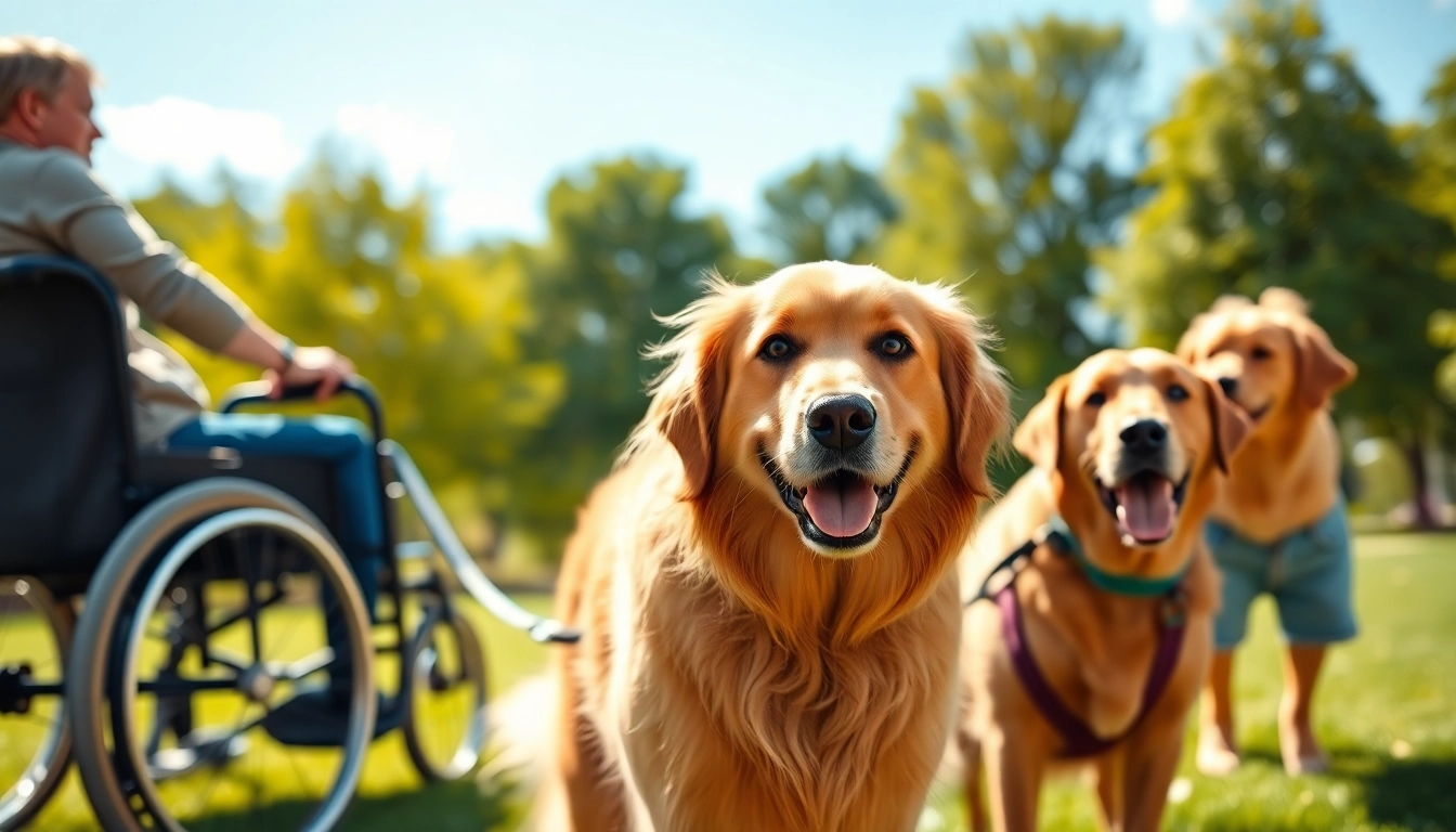 Engaging psychiatric service dogs for sale assist individuals in a sunny park setting.
