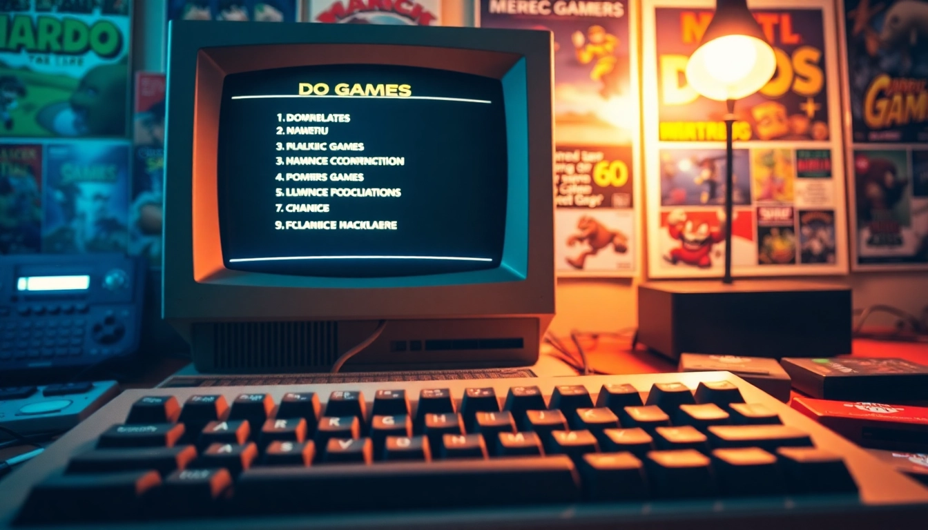 Engaging scene of retro gaming setup emphasizing dos games download with vintage computer and nostalgic cartridges.