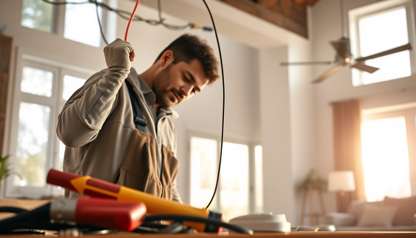 Electrician working on wiring installation in a modern home, showcasing expertise and professionalism.