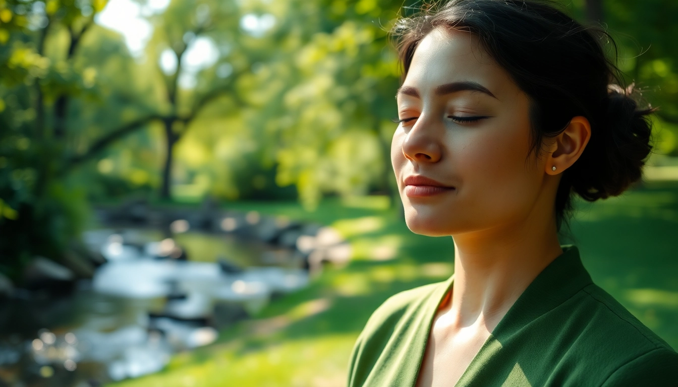 Practicing mindfulness techniques for dealing with stress in a tranquil outdoor setting.