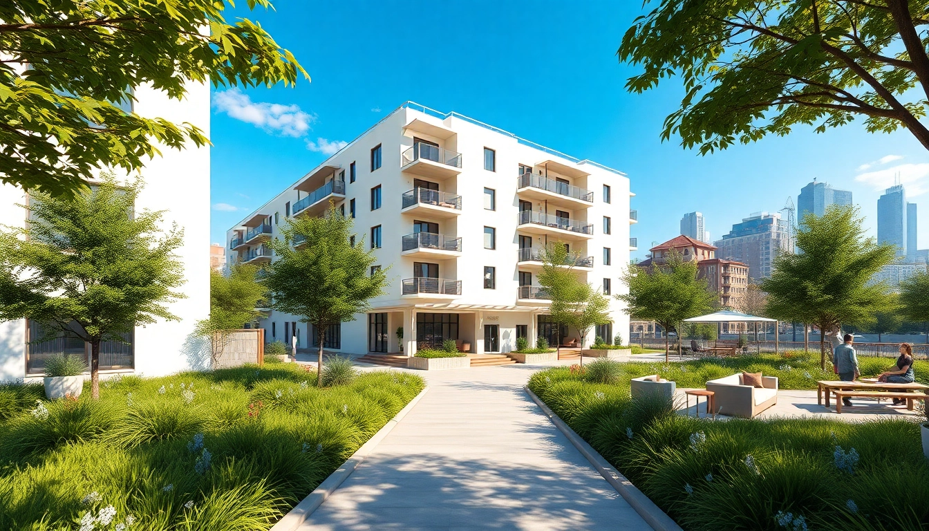 Architekturvisualisierung eines modernen Wohngebäudes, das mit lebendiger Natur und urbanem Flair harmoniert.