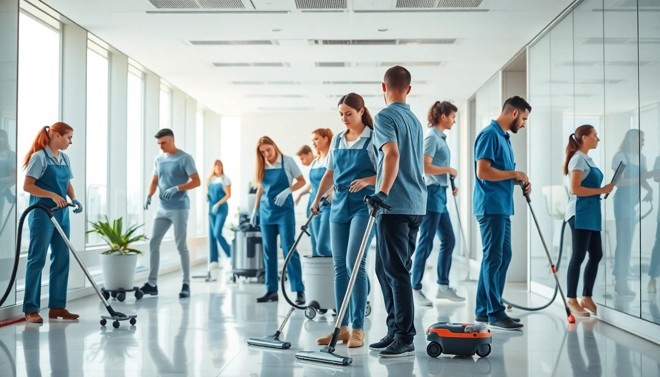 Showcasing a professional commercial cleaning team effectively cleaning a modern office environment.