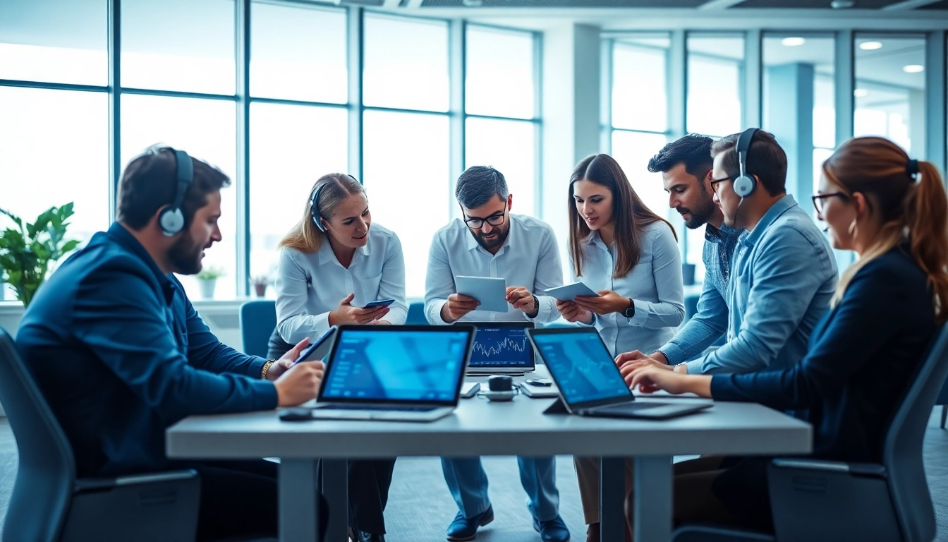 Managed IT team discussing strategies and providing support in a modern office setting.