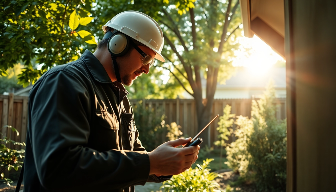 Pest control near me: Expert inspecting property for pests in a green backyard.