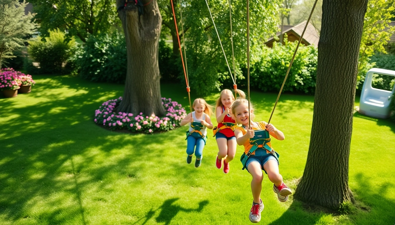 Families enjoying ZIP WIRE KITS in a vibrant backyard setting.