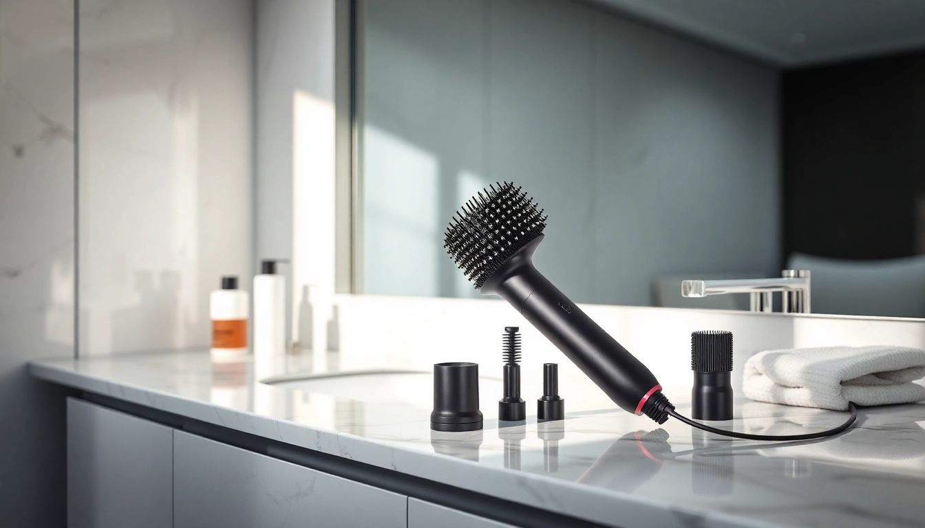 Stylish Hair Dryer Brush 7 in 1 showcased in a modern bathroom setting, highlighting its features.