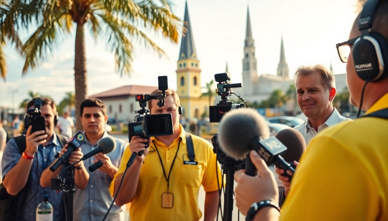 Capture of fort myers news journalists reporting live in a vibrant outdoor setting.