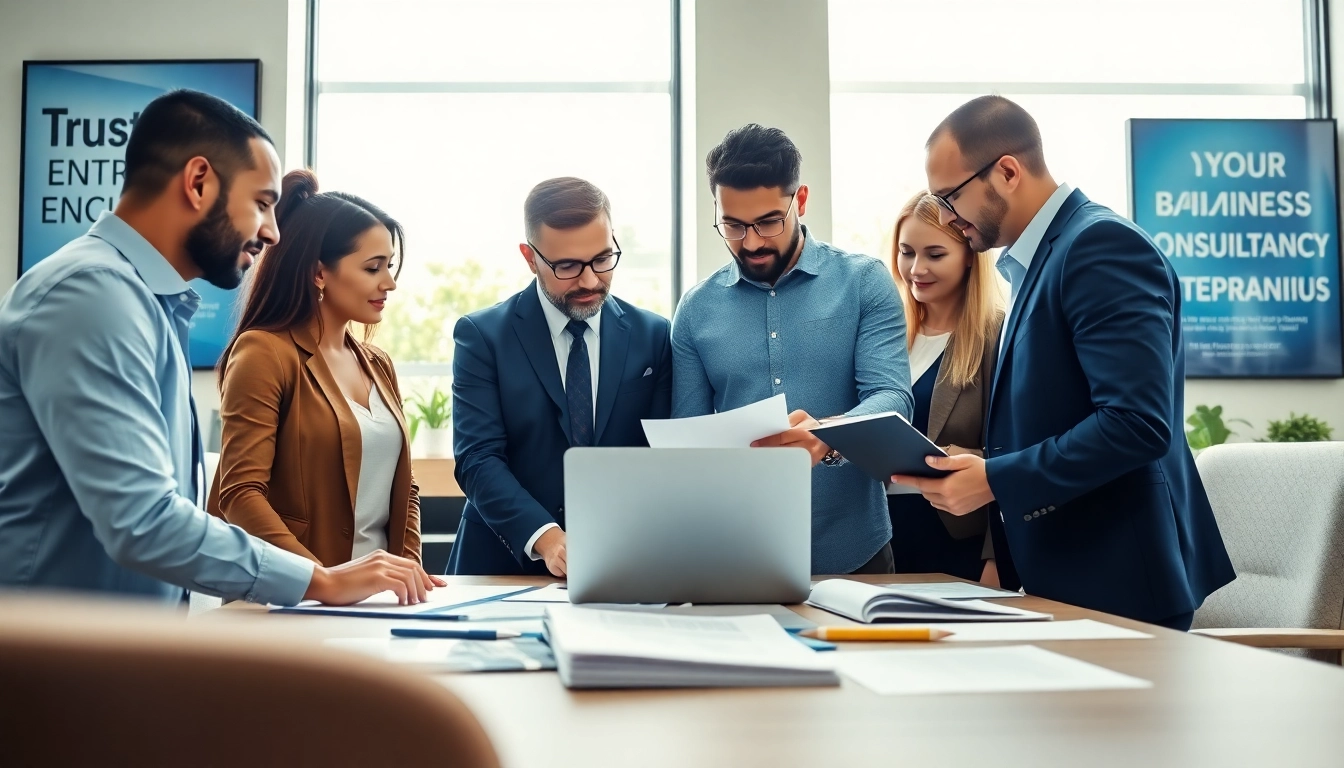 Engaged team of Quickplus Business Consultants collaborating in a modern office.