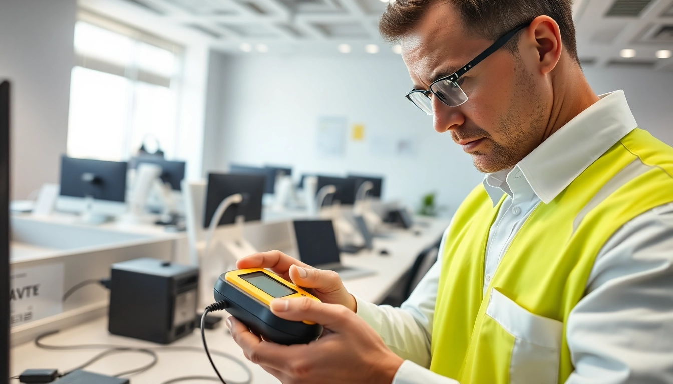 Technician performing Portable Appliance Testing on electrical devices in a modern office