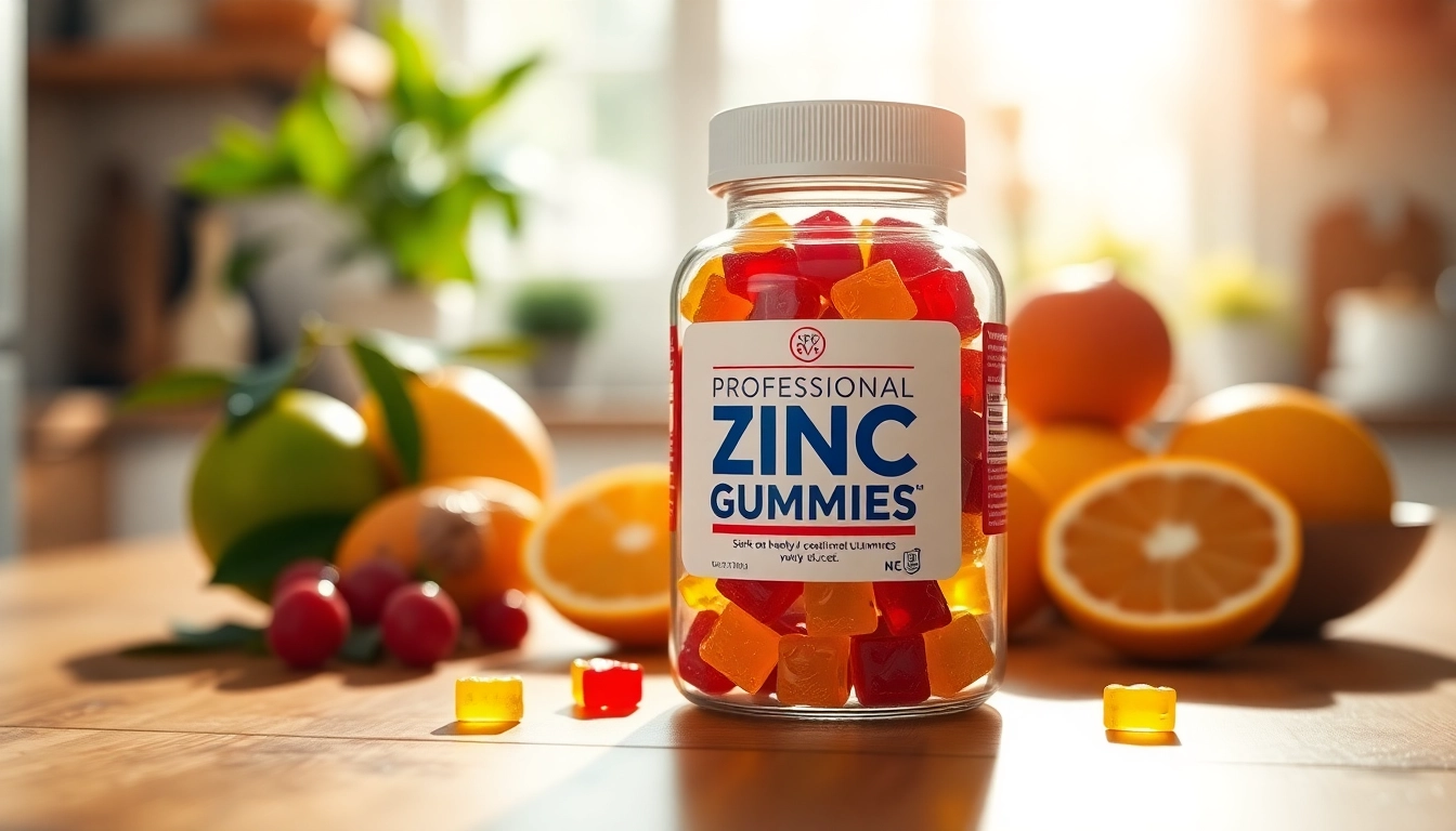 Zinc Gummies in a decorative jar, surrounded by fresh citrus and honey, promoting immune support.
