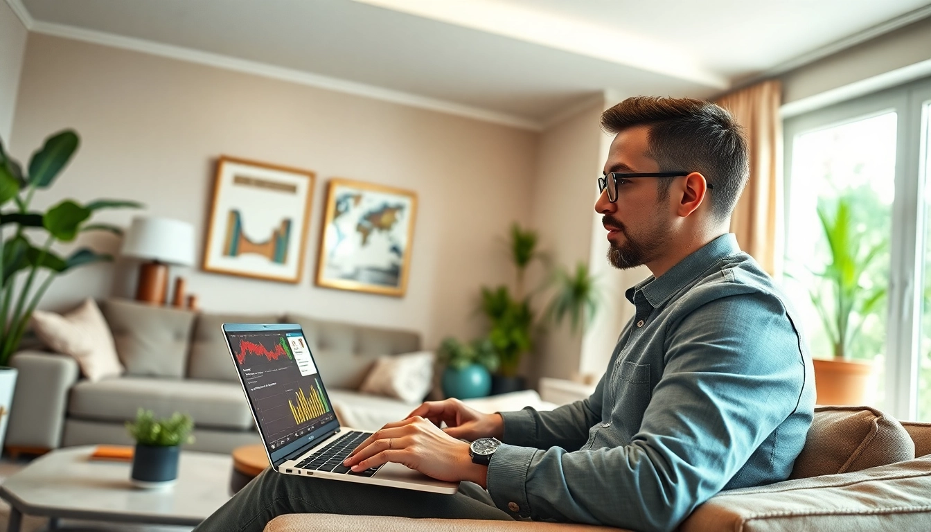 AI for Airbnb hosts analyzing data in a professional living room setting, surrounded by greenery.