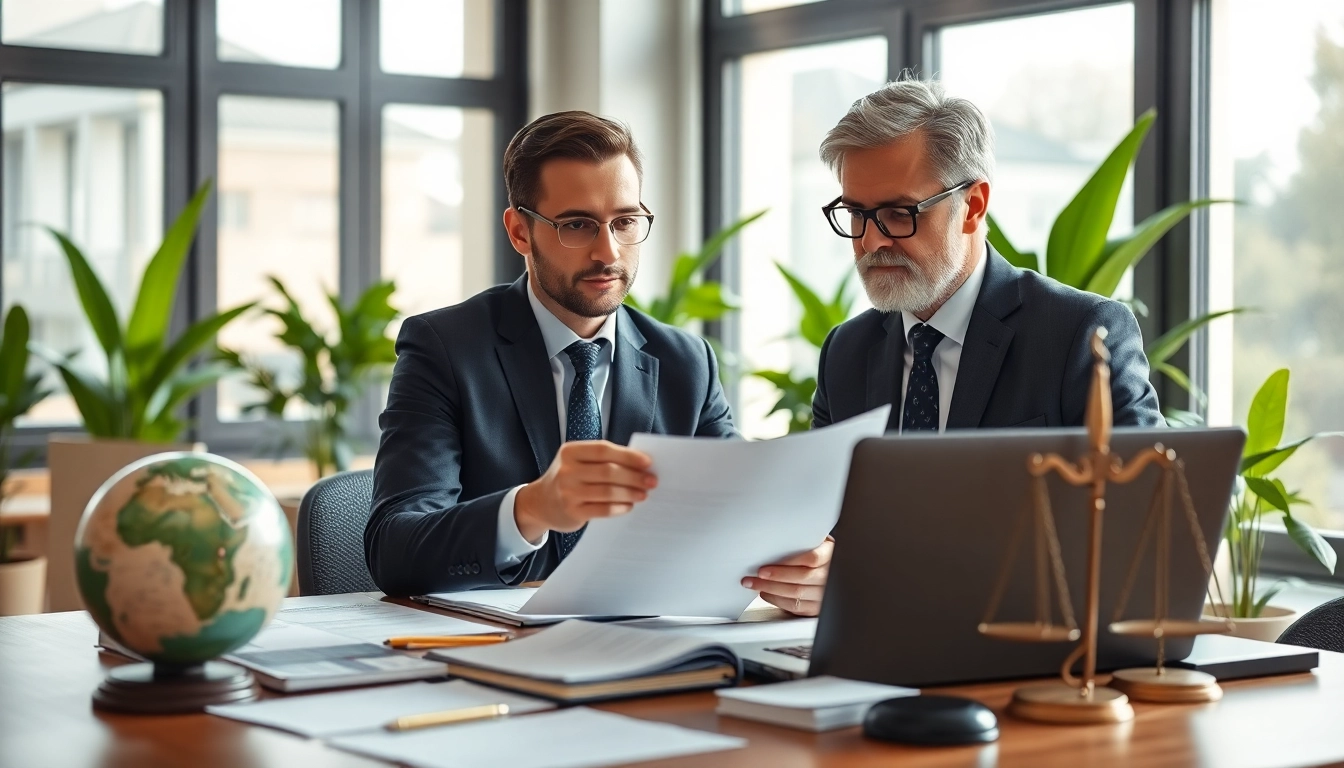 Environmental lawyer consulting legal documents with a focus on sustainability in a modern office.