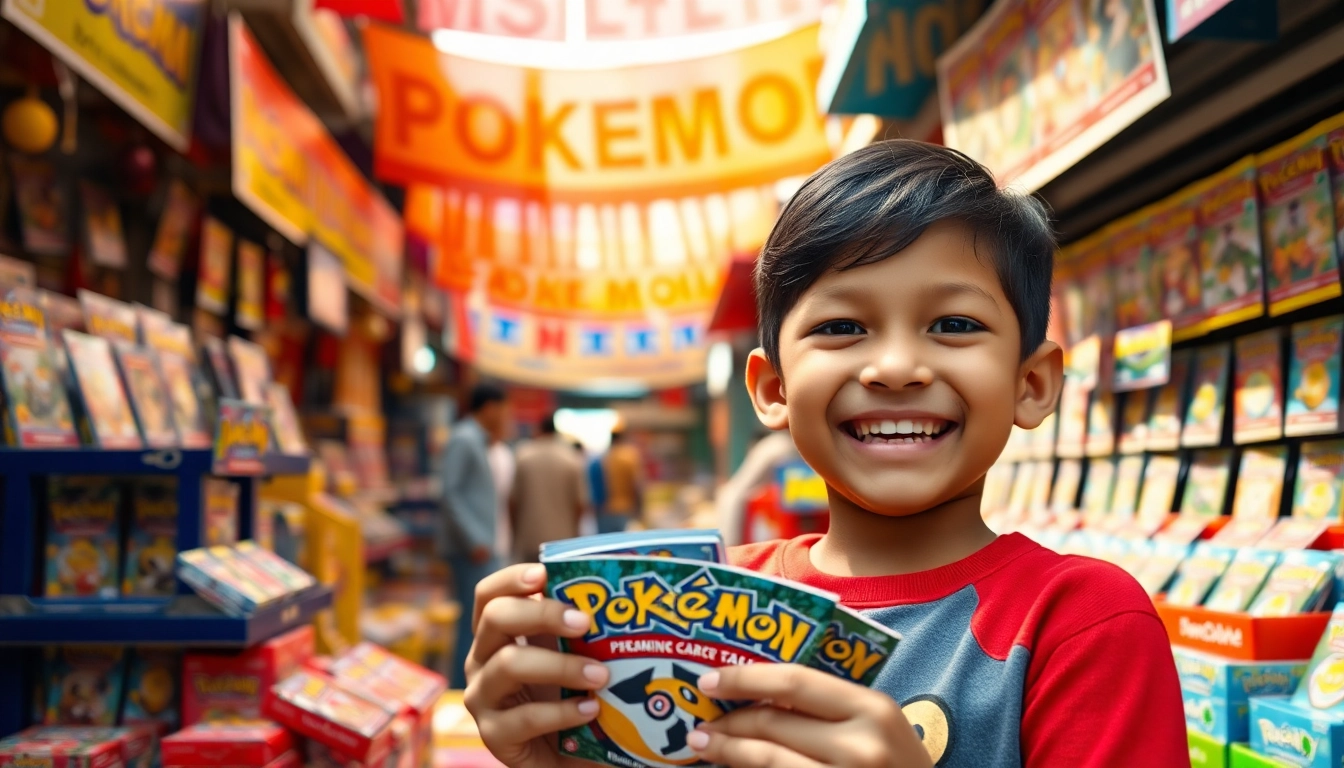 Excited child unpacks Pokemon TCG products in a vibrant Indian marketplace filled with colorful card displays.
