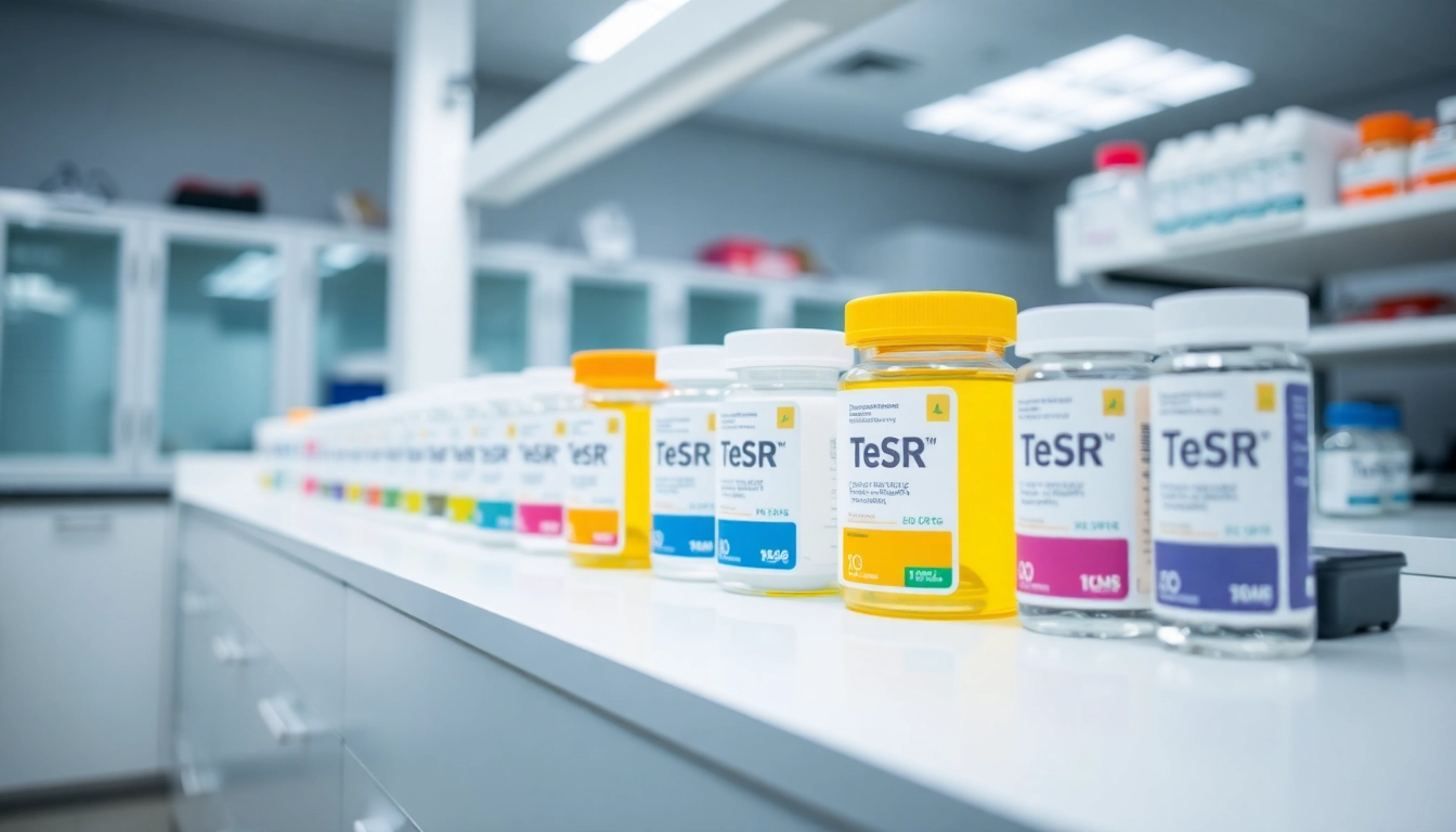 Showcasing all check TeSR™ media products in a modern lab for stem cell research.
