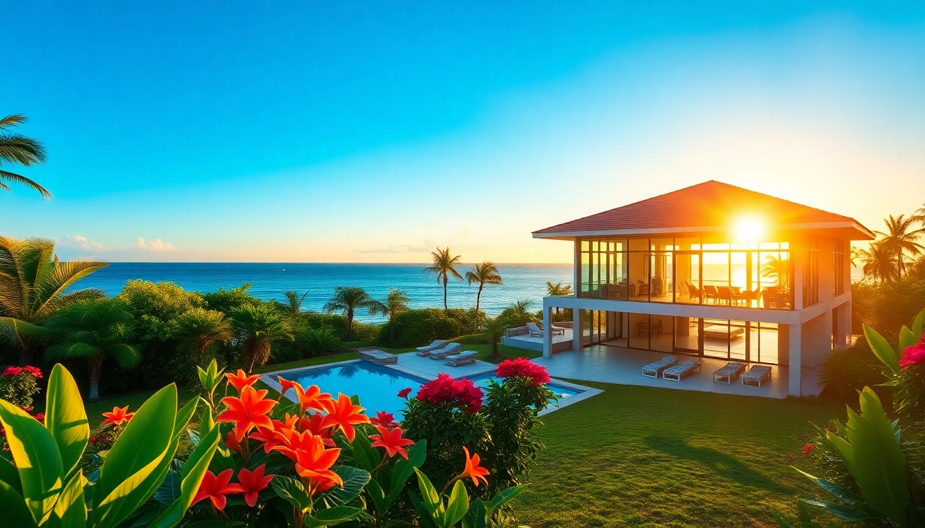 View of a luxurious beachfront property exemplifying jamaica real estate with tropical landscaping and ocean views.