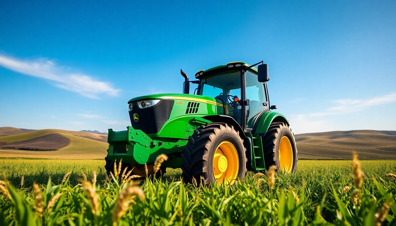 John Deere Traktor auf farbenfrohem Bauernhof mit elektrisierenden Details.