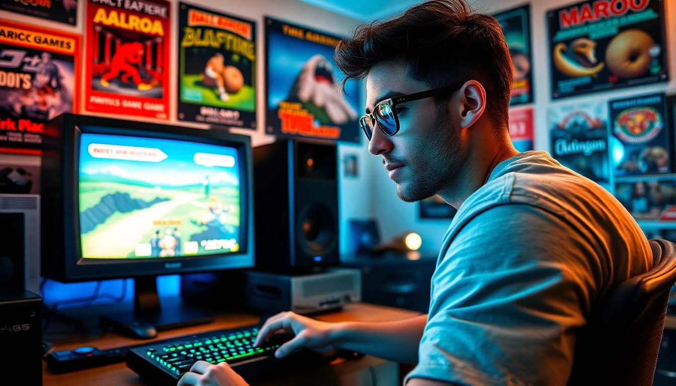 Play classic dos games online in a nostalgic gaming room with retro posters.