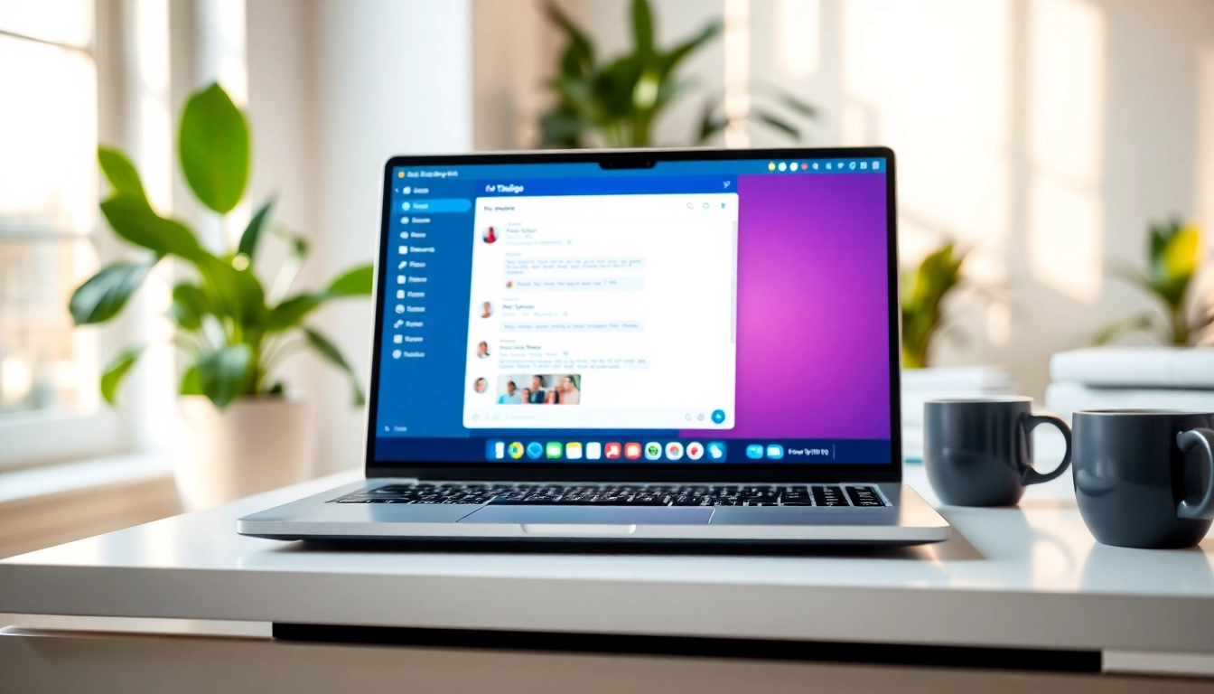 Engaging website chatbot interface on a laptop in a modern office setting, enhancing user interactions.