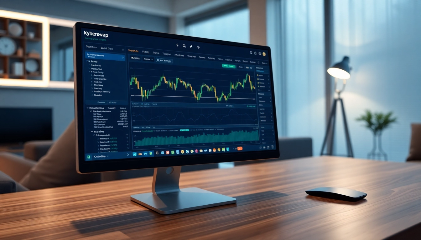 Monitor displaying kyberswap trading data in a contemporary office setting.