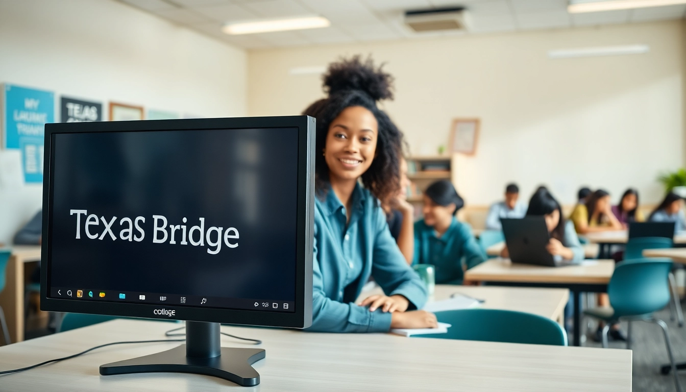 Engaged students utilizing Texas College Bridge online learning platform in a vibrant educational environment.