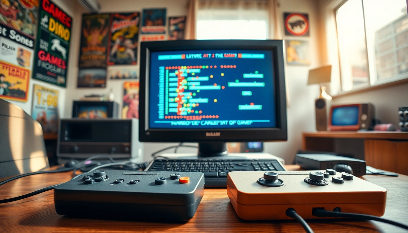 Play classic dos games online in a vintage gaming setup with nostalgic controllers.