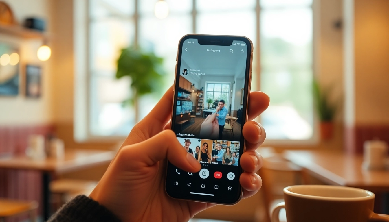 View Instagram stories on a smartphone in a cozy café environment.