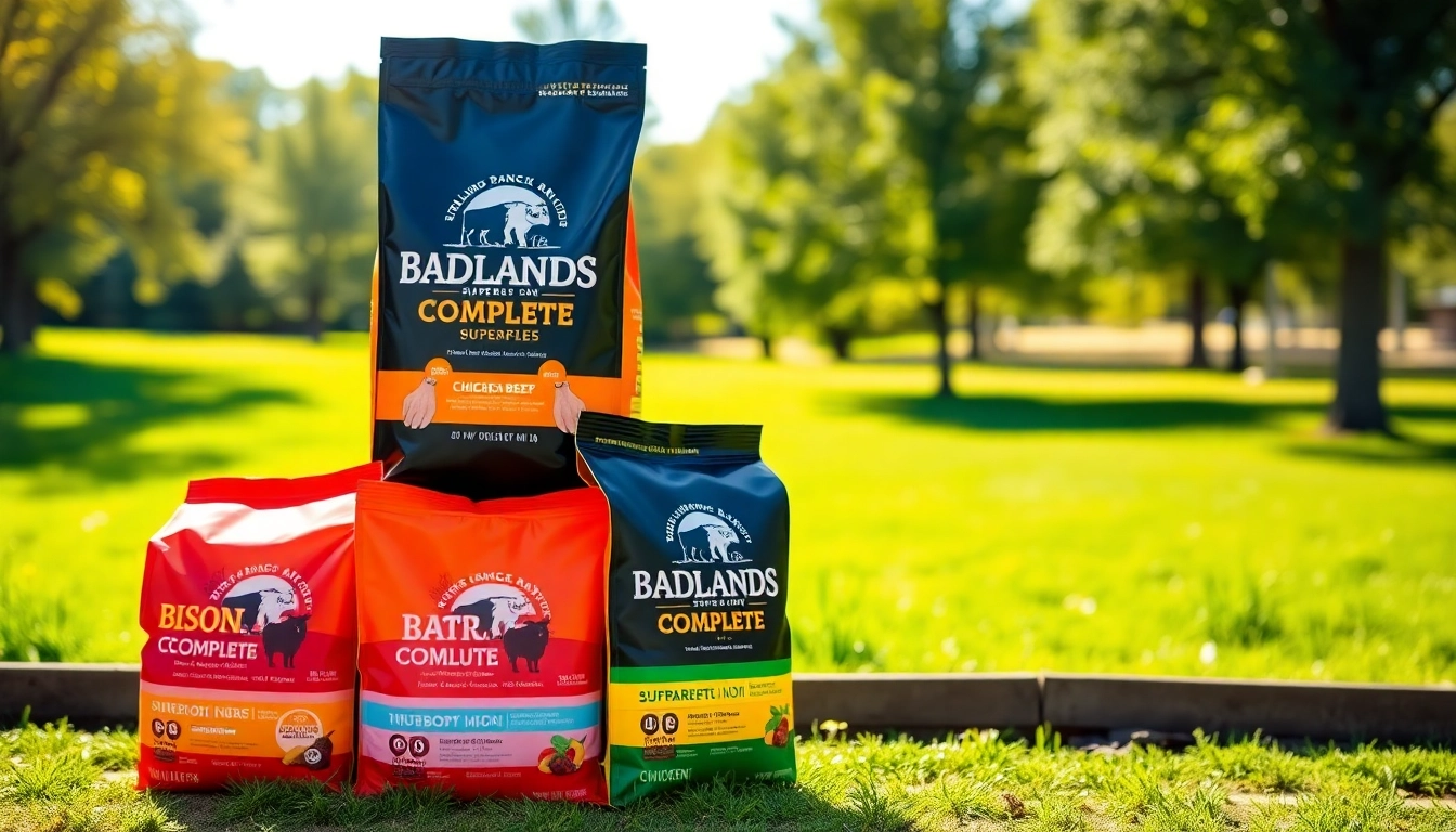 Dogs enjoying Badlands Ranch Superfood Complete in a vibrant outdoor setting, emphasizing healthy ingredients.