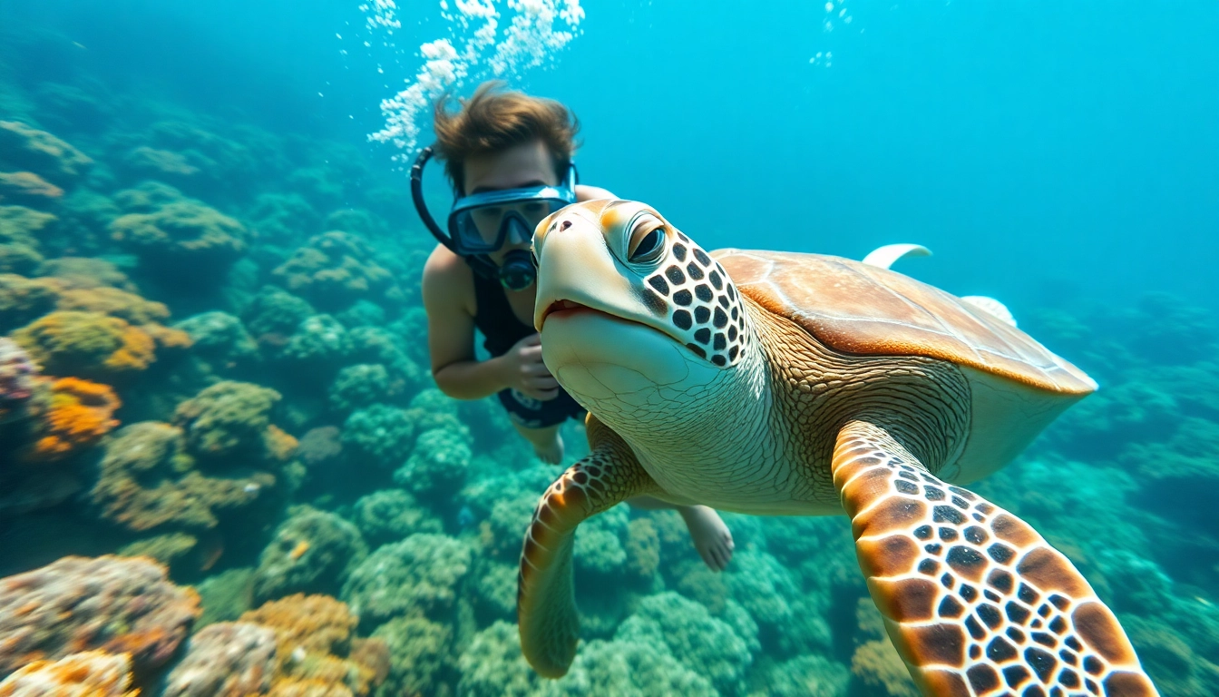 Experience the underwater world with a turtle snorkel while diving near a lively coral reef.