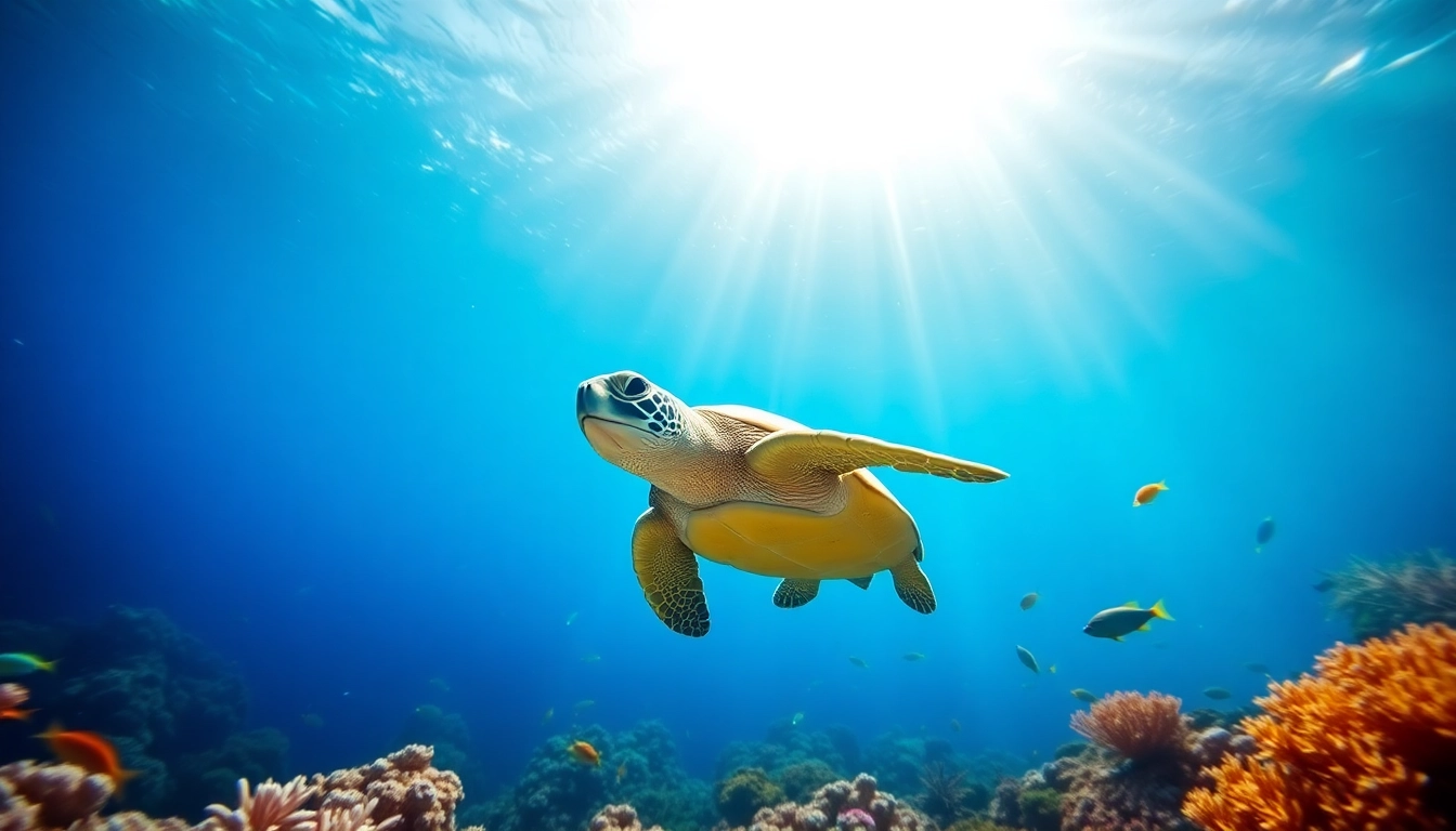 Experience turtle snorkel adventure with a green sea turtle swimming among vibrant coral reefs.