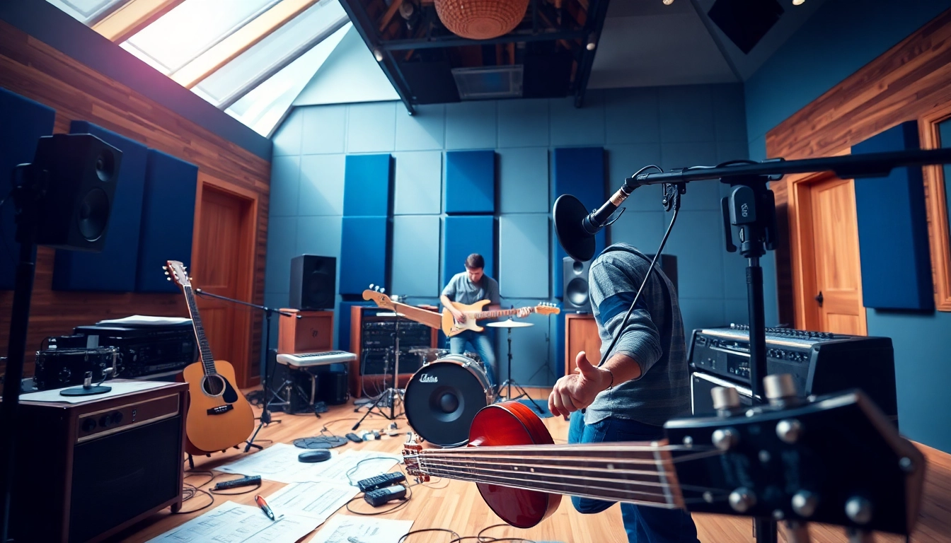 Promote music promotion services with a dynamic studio setup featuring a focused musician.
