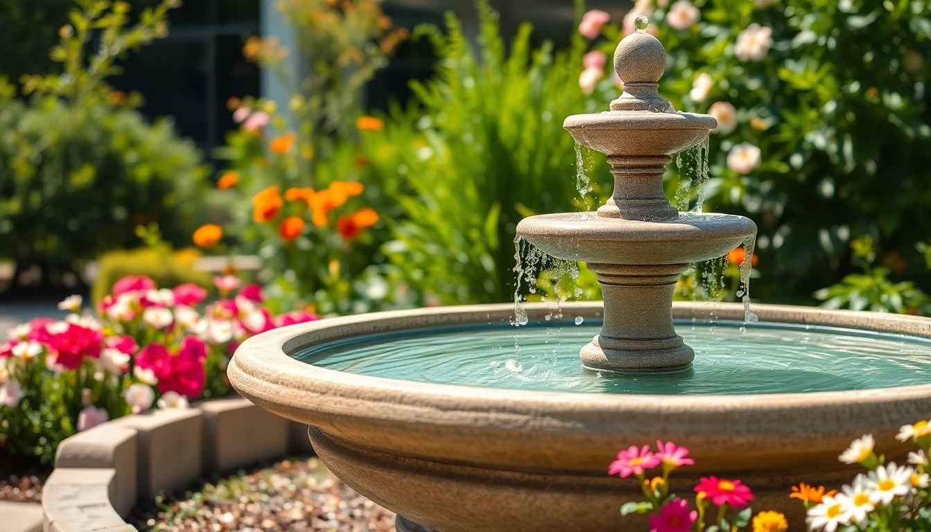 Genießen Sie einen stilvollen gartenbrunnen umgeben von blühenden Pflanzen und entspannender Atmosphäre.
