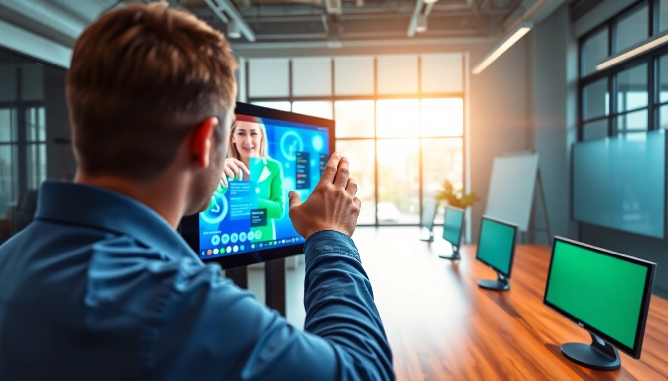 Engaging with a digital signage CMS on a touchscreen in a modern office.