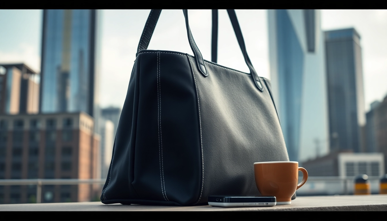 Showcase a stylish tote bag with unique features against an urban backdrop, blending fashion and functionality.