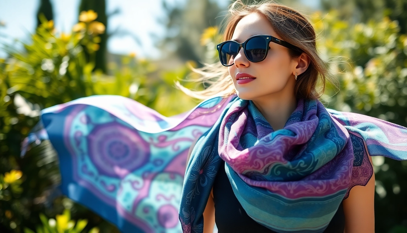 Showcasing intricate vela scarves worn by a stylish woman in a sunny garden.