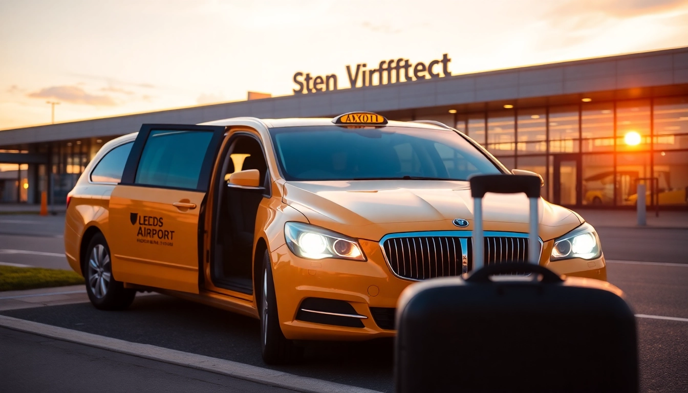 Taxi to Leeds Bradford Airport waiting for passengers with bright colors and warm lighting.