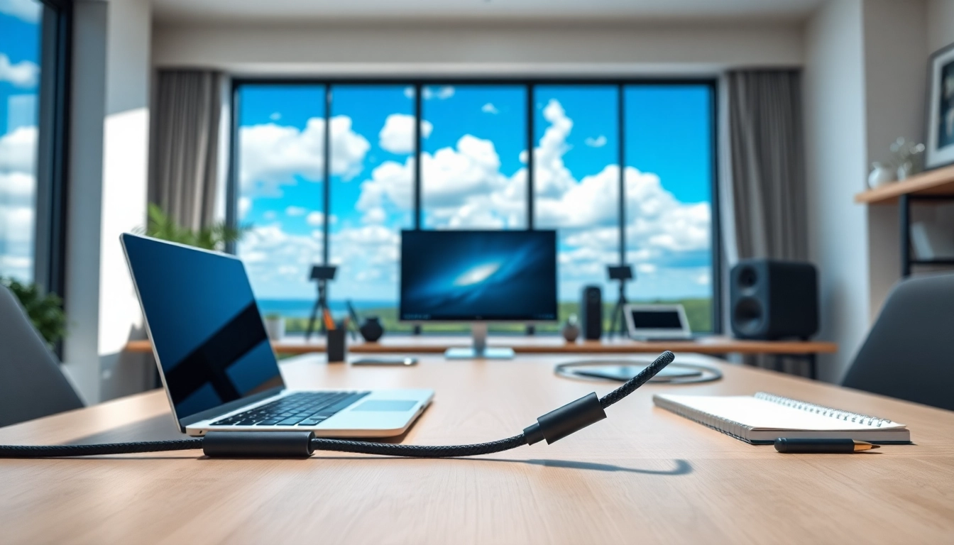 Showcase the starlink mini 12v cable in a modern workspace, emphasizing its design and functionality.