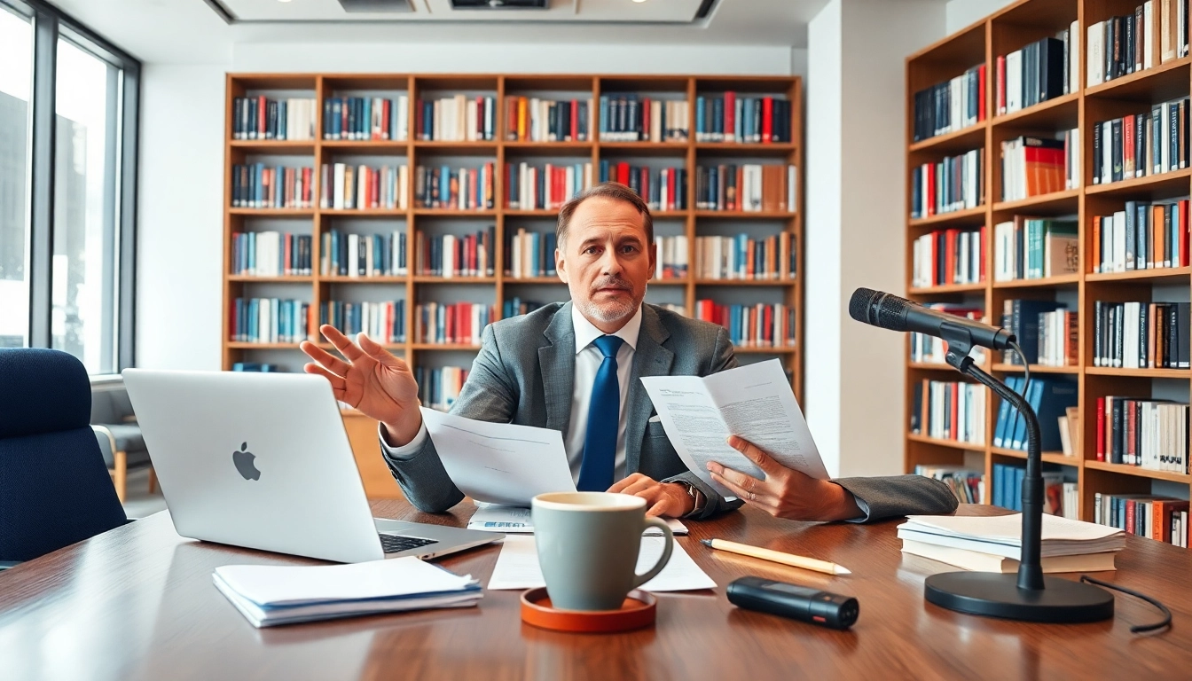 Analyze current politics trends with a professional discussing at a desk full of papers.