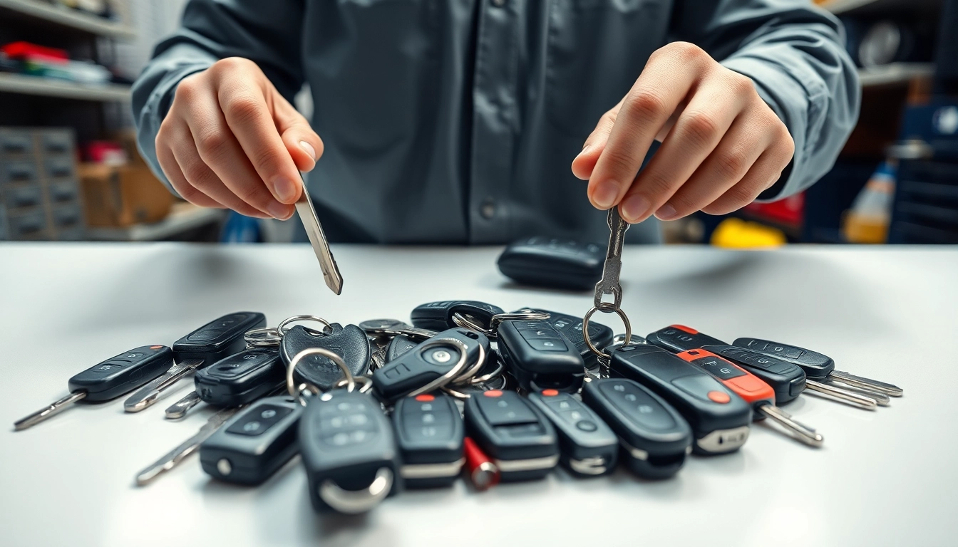 Examining various Replacement Car Keys showcasing traditional and smart fobs in a workshop.