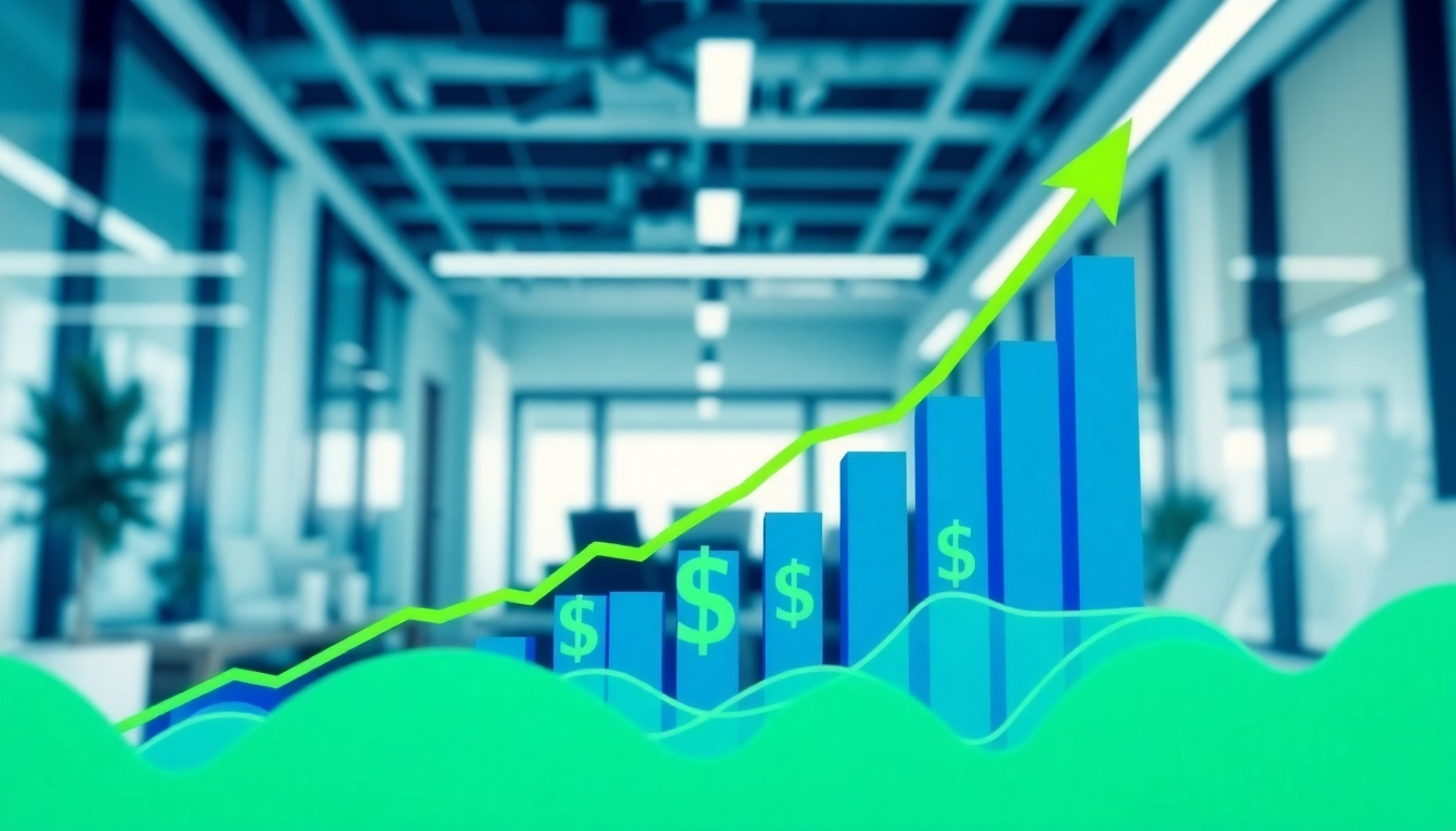 Illustration showing the revenue growth of revenuerocketlab with charts and dollar signs, symbolizing financial success.