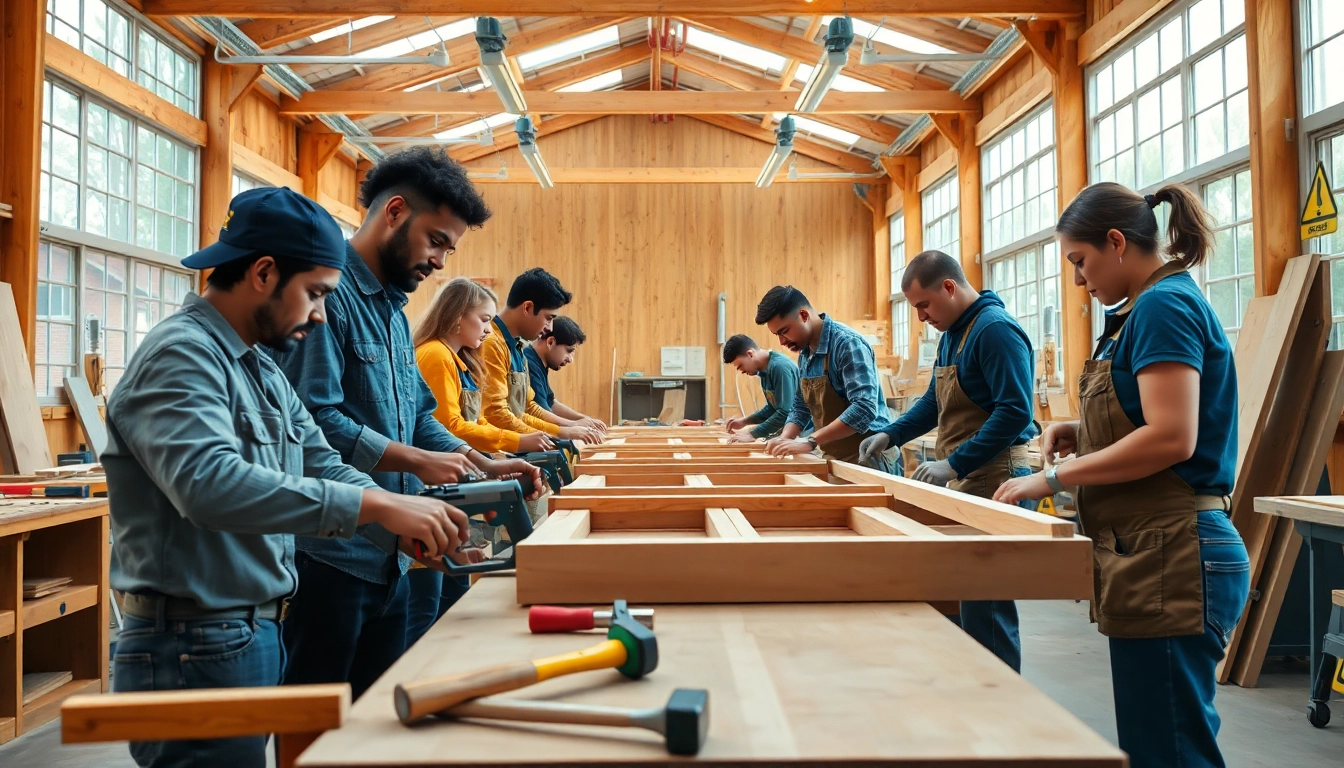 Carpentry apprenticeship near me: Skilled apprentices engaged in woodworking in a professional workshop.