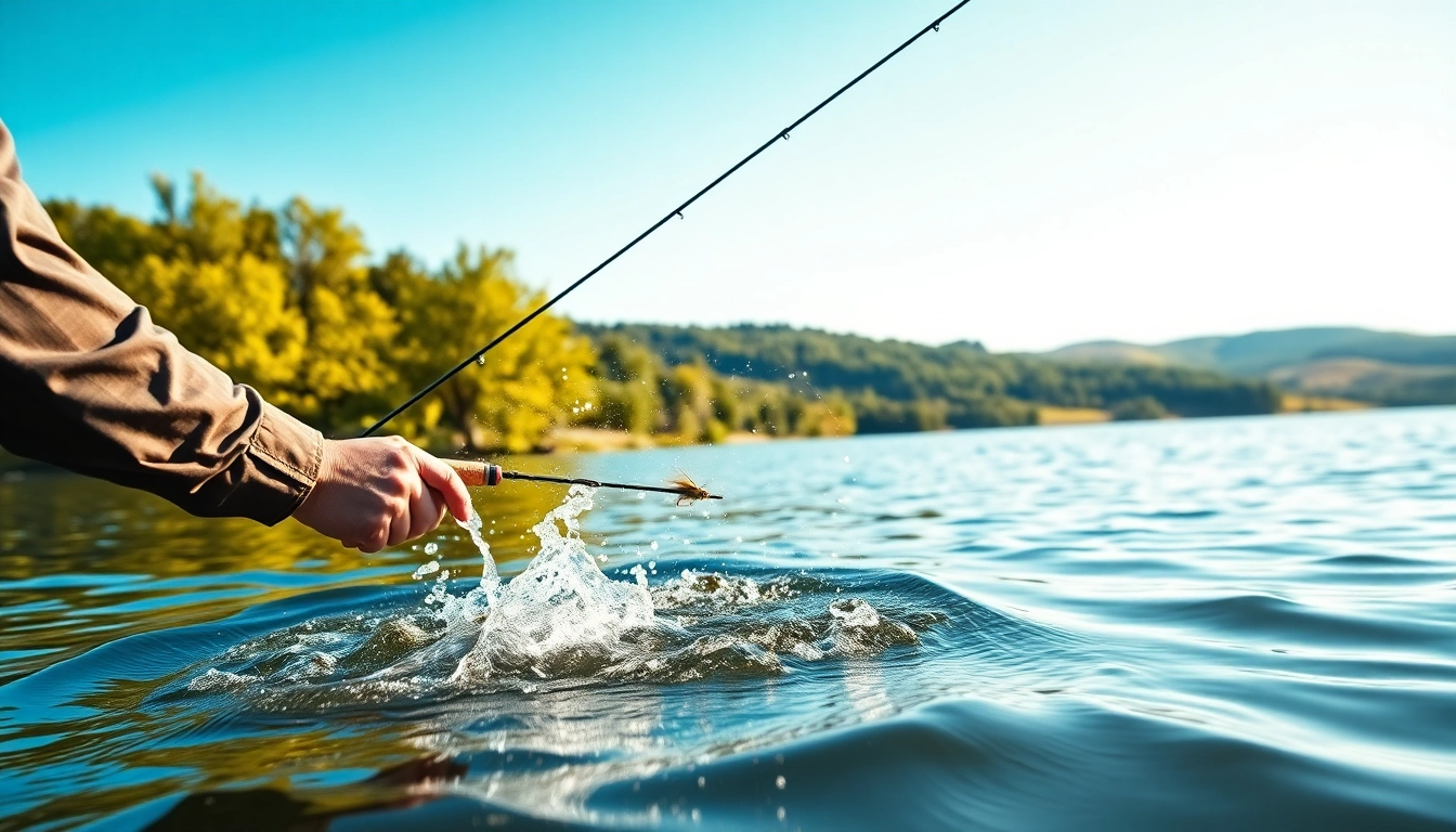 Angler enjoys fly fishing for bass, casting a line in a serene lake surrounded by lush nature.