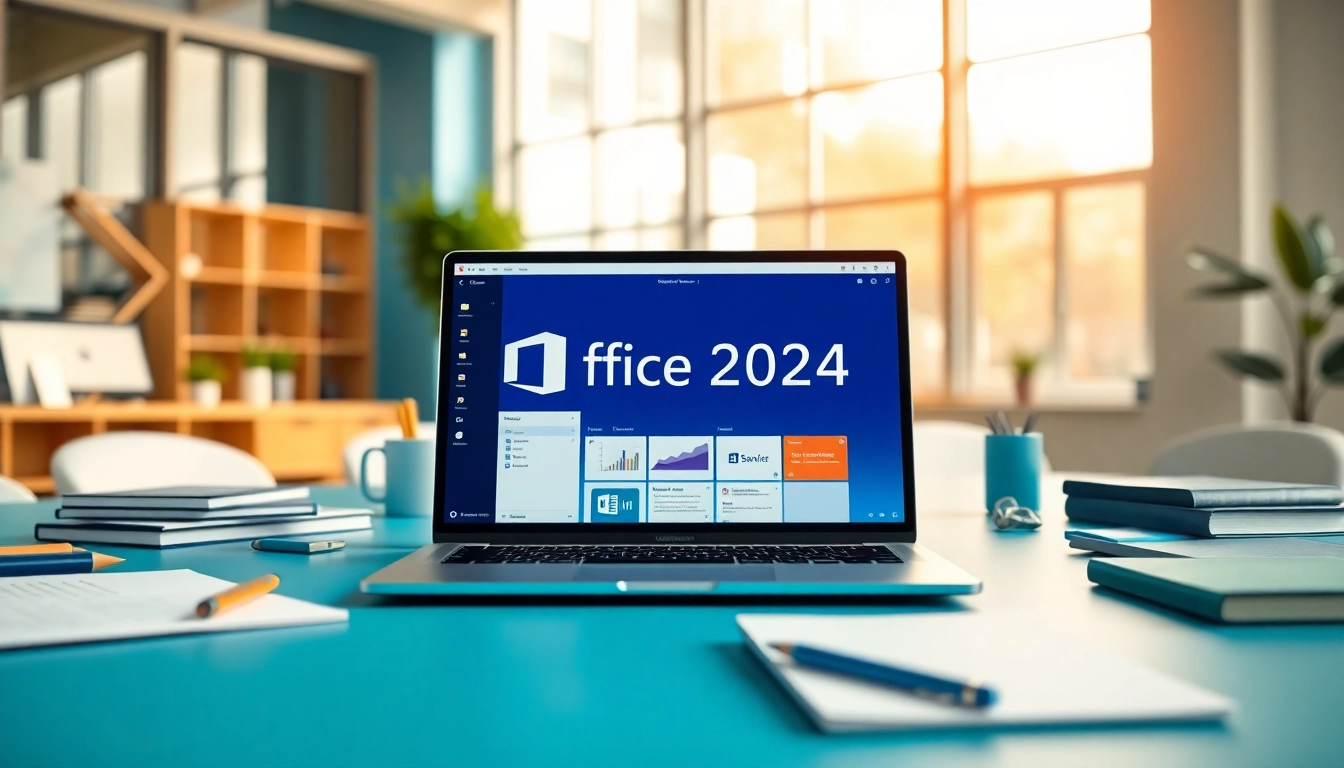 Nutzen Sie Office 2024 in einem hellen, modernen Büro mit einem Laptop und kreativem Arbeitsumfeld.