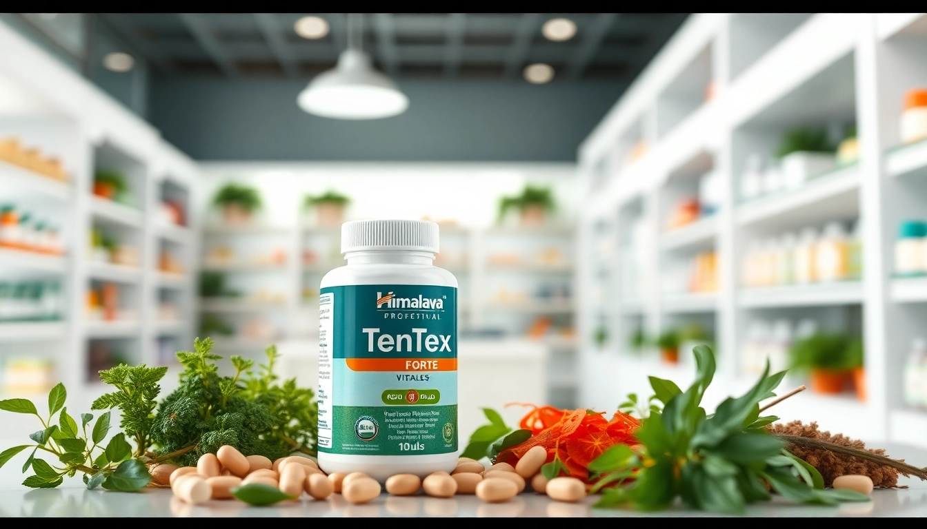 Visual representation of Himalaya Tentex Forte, highlighting टेंटेक्स फोर्ट कितने दिन में असर दिखाता है with vibrant herbs.