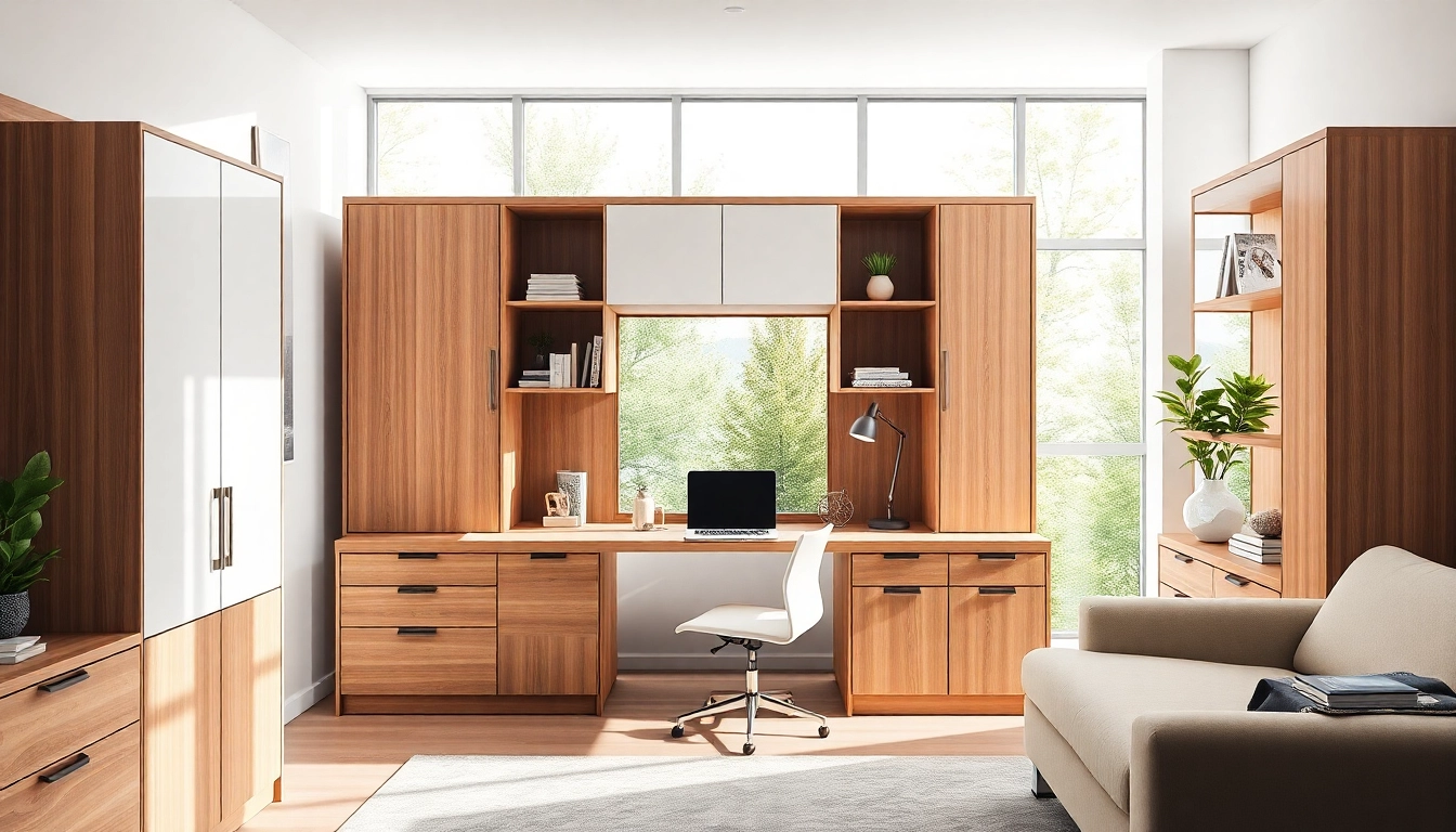 Schreibtisch Schrank integriert für einen organisierten Arbeitsbereich im modernen Büro.