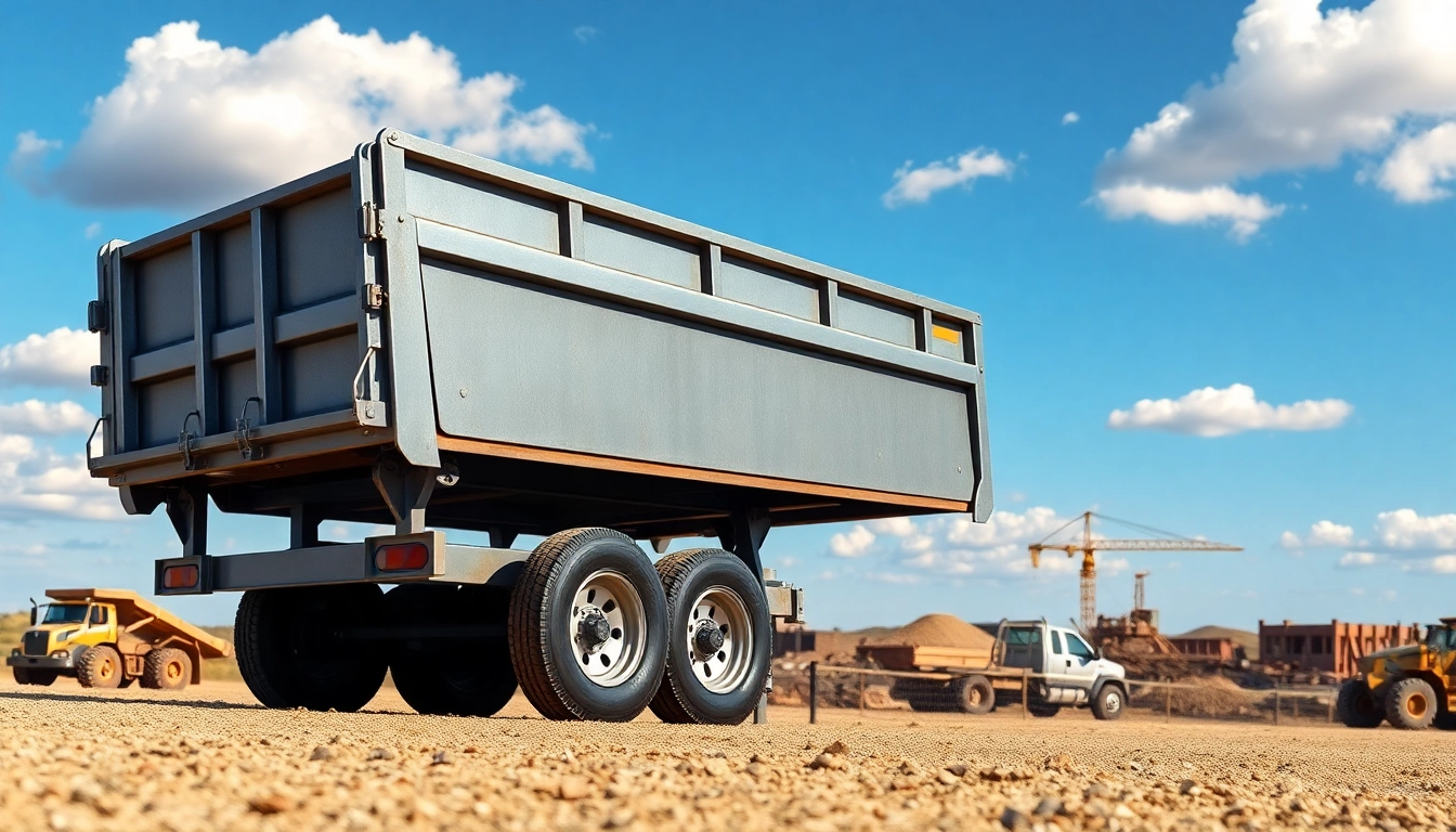 Dump trailer for sale near me in a natural setting, showcasing its sturdy build and hydraulic lift.