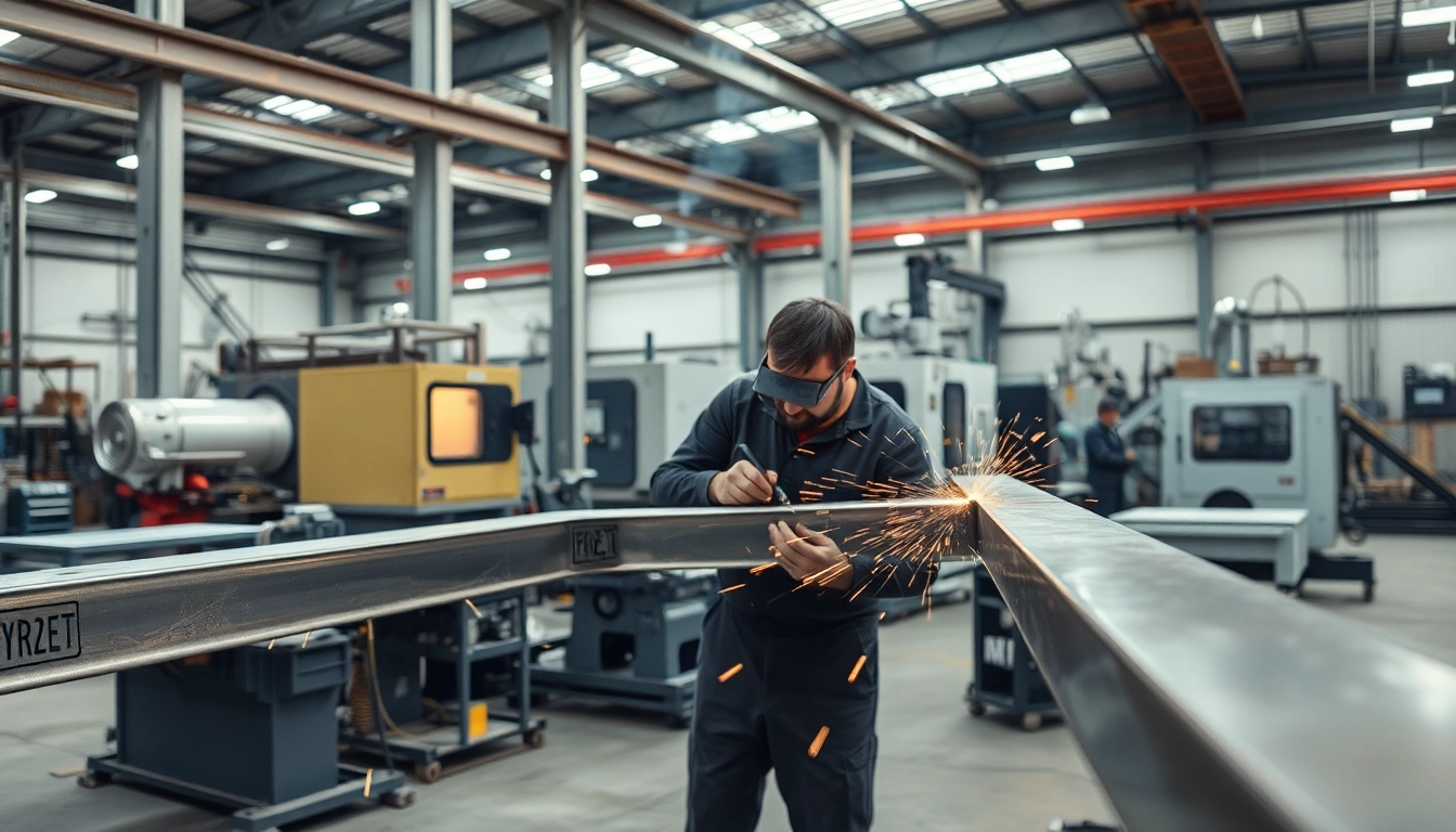 Crafting custom steel fabrication with precision in a vibrant workshop, showcasing skilled workers.
