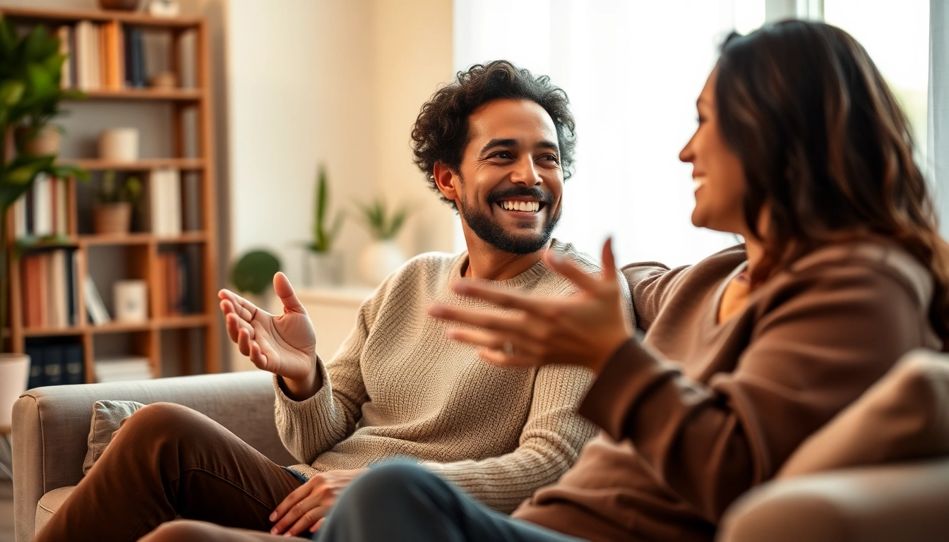 Engaged couple communicating effectively in relationships, sharing smiles and gestures in a cozy setting.