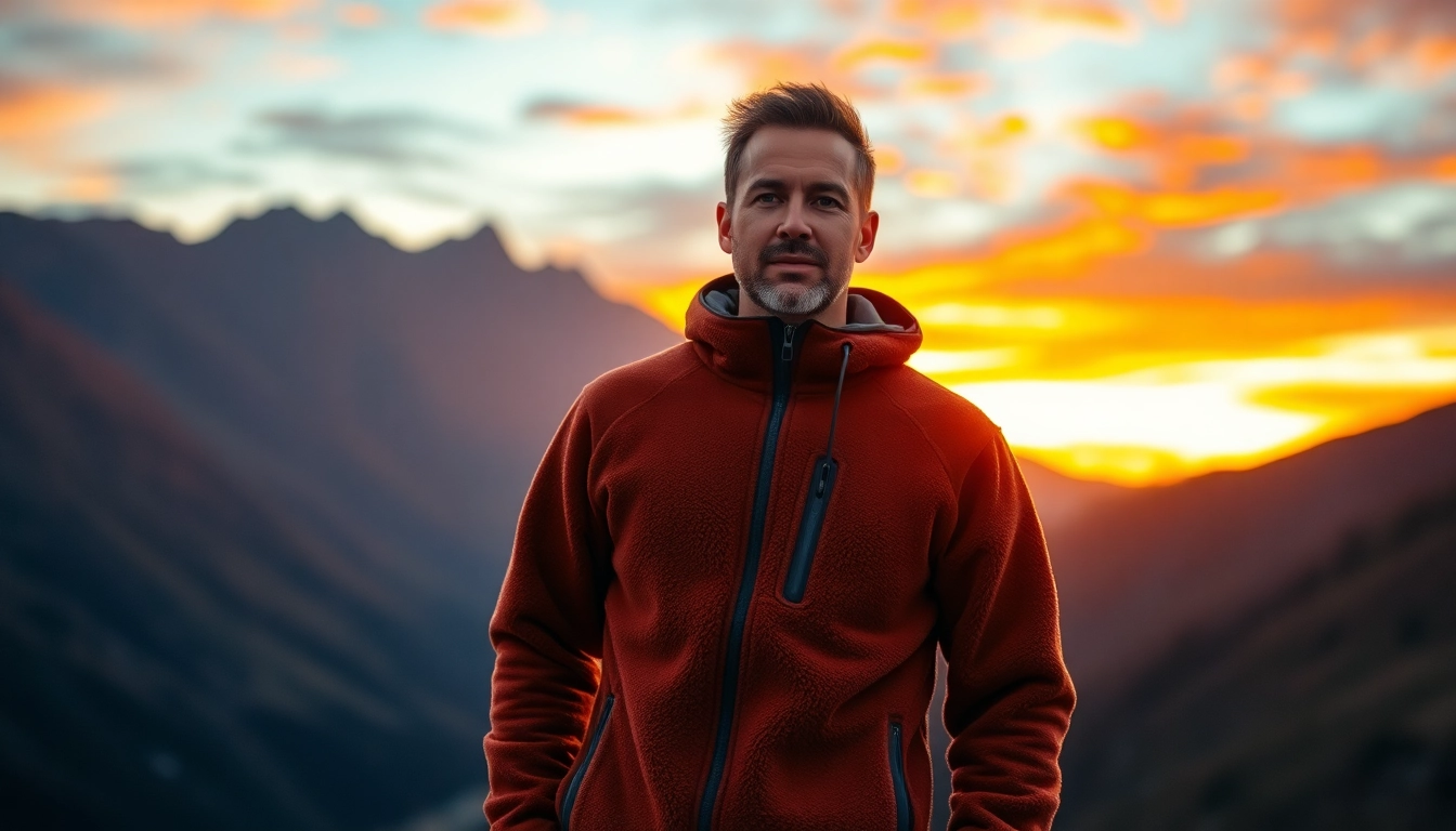 Fleece jack voor outdoor activiteiten in een natuursetting met prachtige lucht.