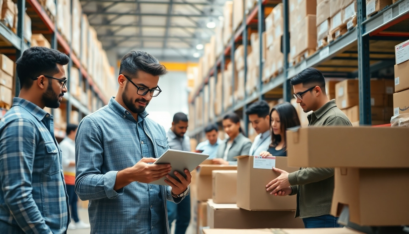 Optimize your FBA wholesale strategy with team collaboration in a vibrant warehouse.