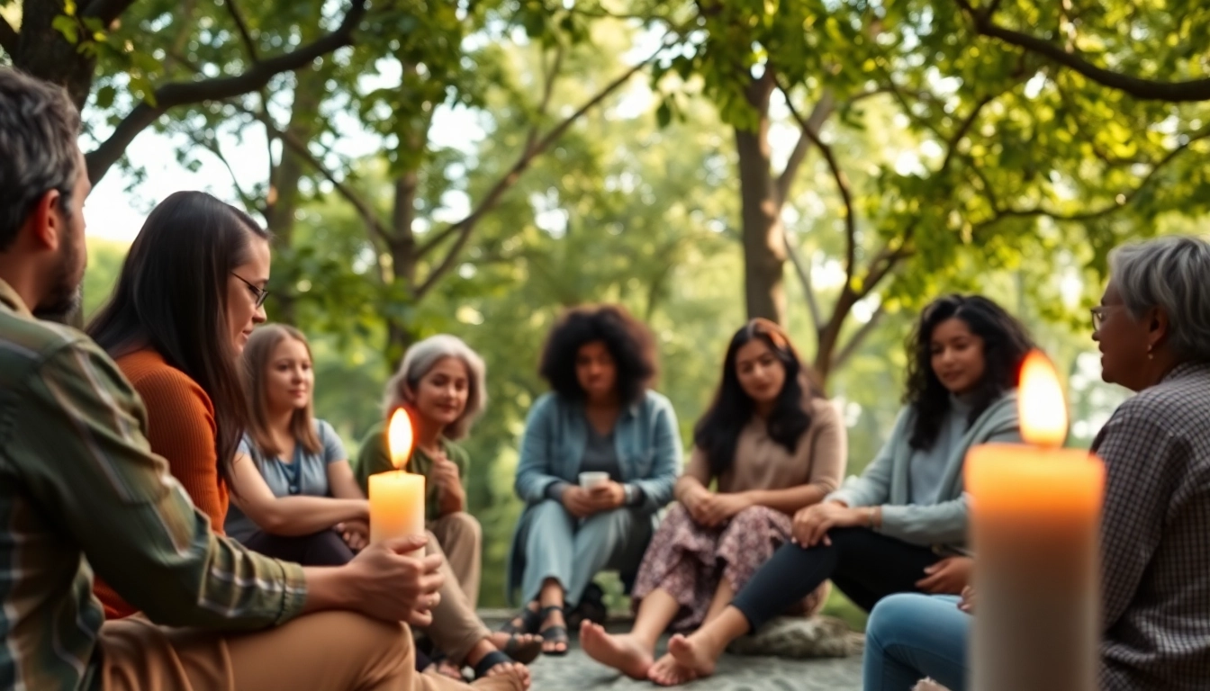 Individuals sharing experiences while dealing with grief, surrounded by a peaceful natural setting.